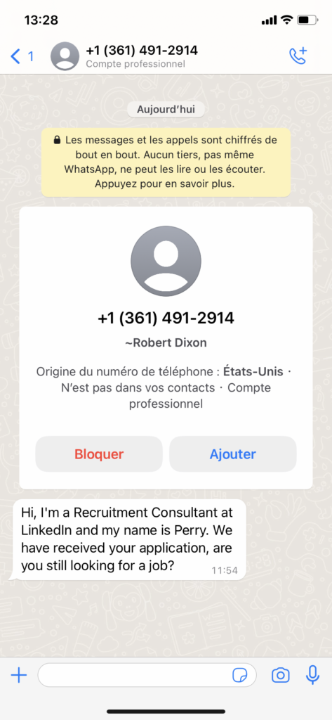 Écran Whatsapp arnaque