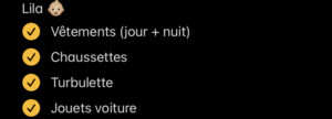 extrait de liste de valise, vacances