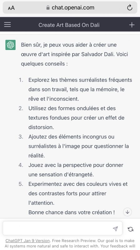Des conseils par ChatGPT pour créer une oeuvre dans le style de Salvator Dalí.