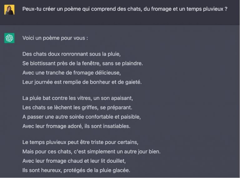 Un poème créé par ChatGPT sur la base de 3 mots-clés.