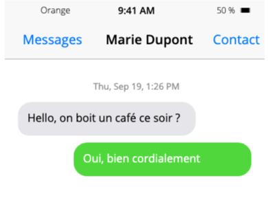 Capture d’écran d’une conversation par SMS illustrant un usage inapproprié de « bien cordialement » dans un contexte amical.