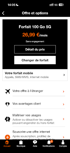 Depuis la page d’accueil, sélectionner le forfait concerné + cliquer sur « Offres et options »