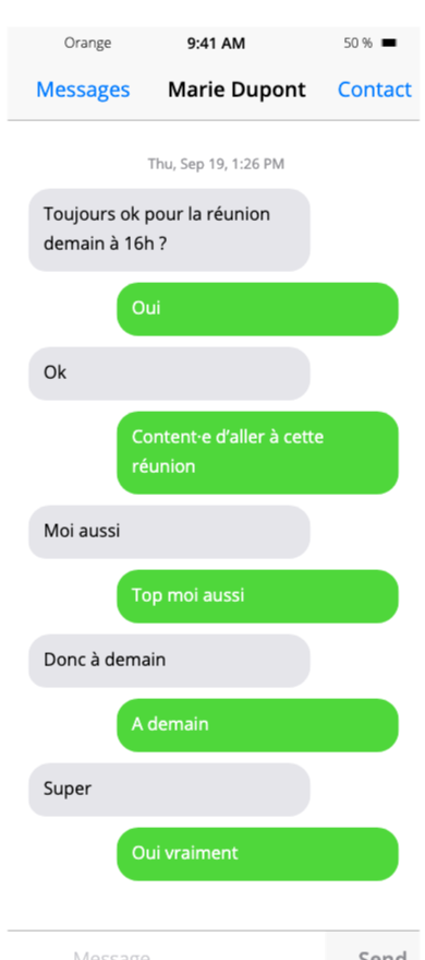 Capture d’écran d’une conversation SMS où chaque message reçoit une réponse, illustrant une discussion qui s’éternise sans fin.
