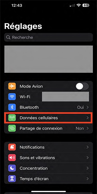 Écran des réglages d’iPhone avec la section 