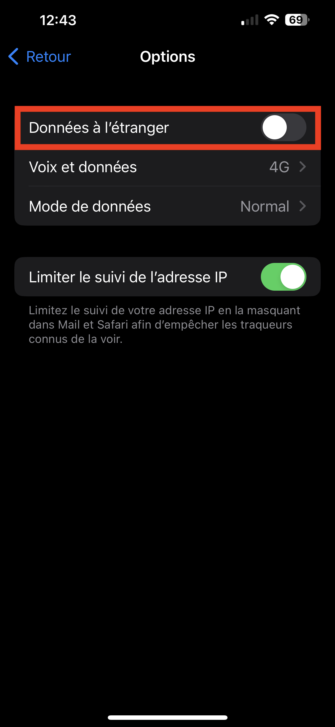 Écran de réglages iPhone montrant l’option 