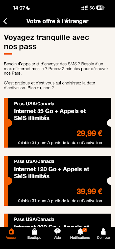 Propositions de pass à sélectionner selon les besoins