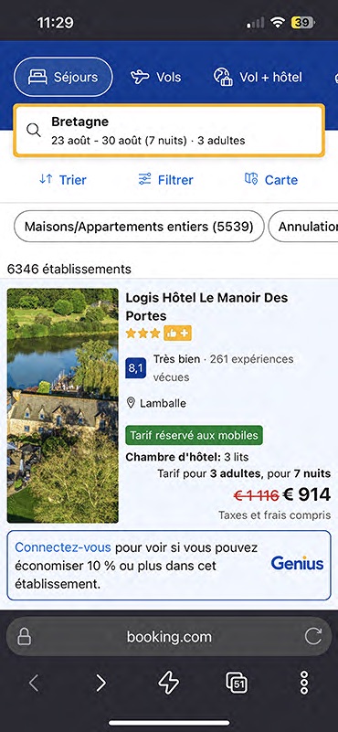 La réservation sur Booking.com depuis le téléphone coûte moins cher que depuis l’ordinateur. 