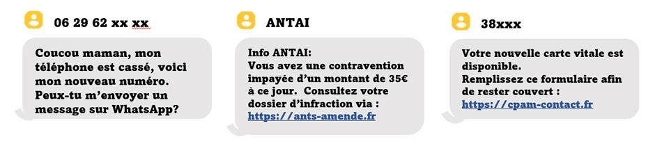 Arnaque SMS coucou maman papa, contravention, nouvelle carte vitale