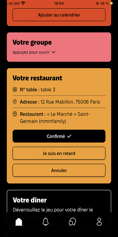 Détails de réservation au restaurant Le Marché, table 3, 12 Rue Mabillon, avec options confirmer, retard ou annuler.