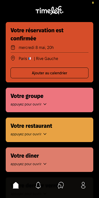 Confirmation de réservation pour le 8 mai à 20h à Paris Rive Gauche, avec options pour groupe, restaurant et dîner.