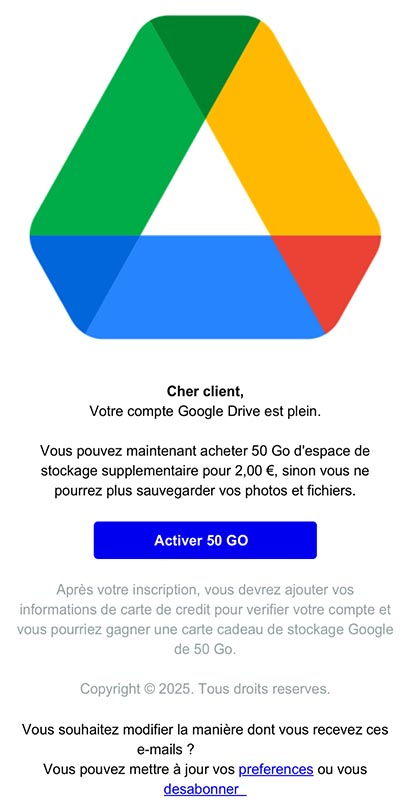 Le message frauduleux reçu de manière régulière reprend tous les codes Google.