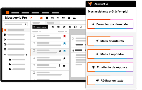 Mon IA Pro est un assistant d’intelligence artificielle générative directement intégré à la Messagerie Mail Pro d’Orange. Il s'active en un clic via un bouton contextuel 