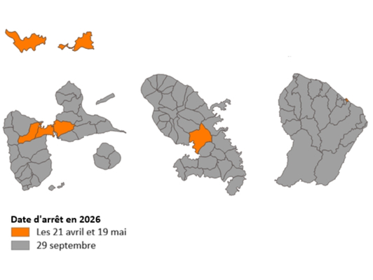 Carte des Antilles Guyane des communes concernés par l’arrêt progressif du réseau 2G Orange en 2026, selon deux vagues successives.