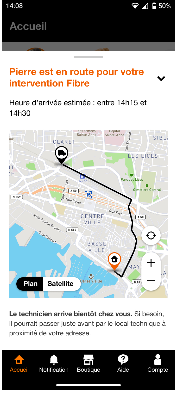 exemple chemin de l'arrivée de technicien Orange entre 14h15 et 14h30