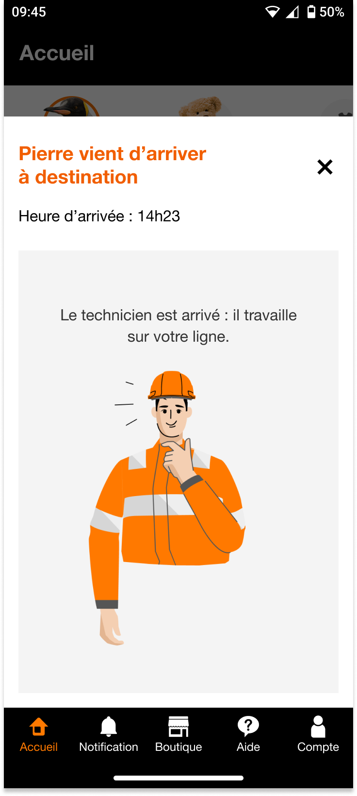 Notification de l'arrivée du Technicien Orange chez vous sur l'application Orange et moi