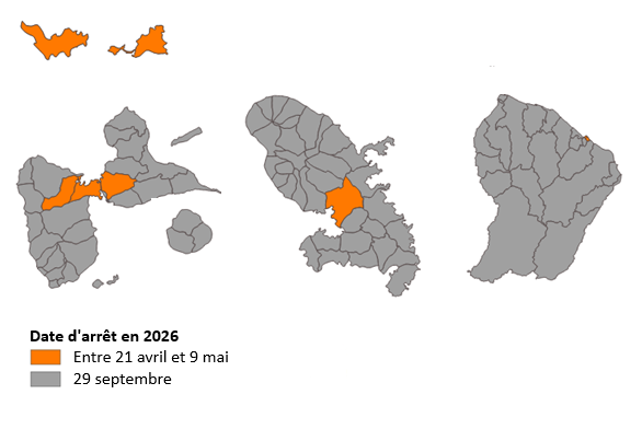 Carte des Antilles Guyane des communes concernés par l’arrêt progressif du réseau 2G Orange en 2026, selon deux vagues successives.