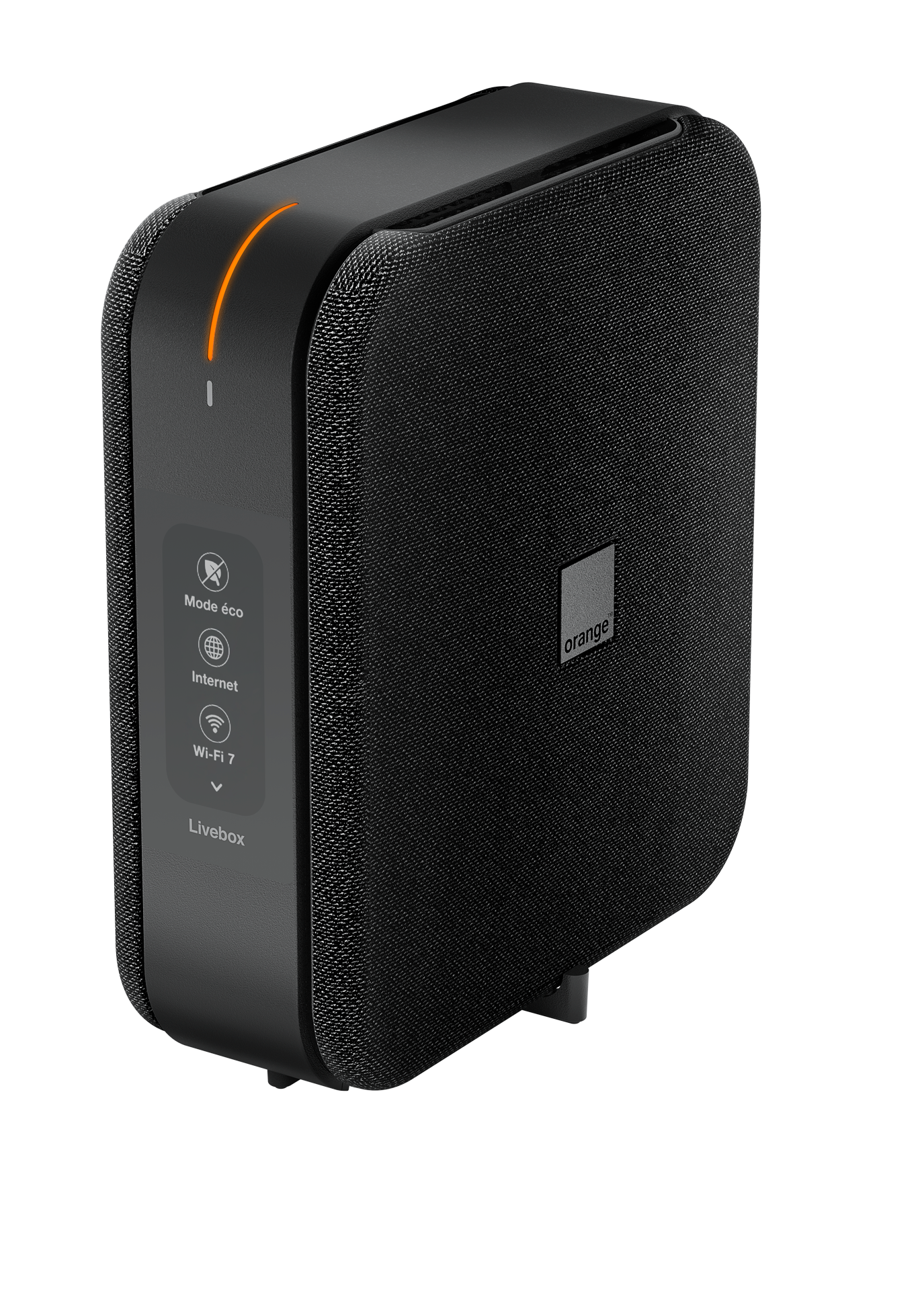 Livebox 7 Orange noire avec voyants lumineux et design tissu, compatible fibre et Wi-Fi 7 ultra-rapide