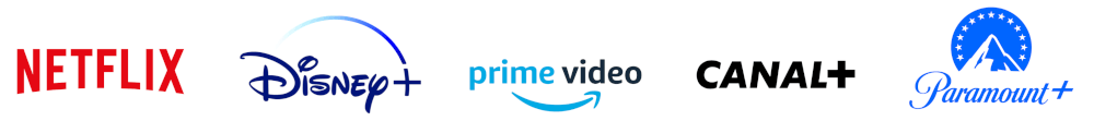 Logos services de streaming Netflix, Disney+, Prime Video, Canal+, Paramount+ disponibles sur Décodeur TV 6 Orange